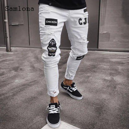 Samlona Jeans Mens Fashion Skinny Denim Pant Male Streetw New Patchwork Demin Pants Sexy Jeans Blue Grey Pencil Trouser