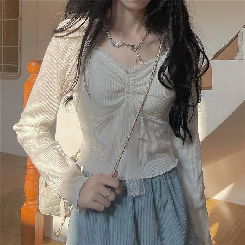 Solid T-shirts Women Spicy Girls Lace Patchwork Shirring Long Sleeve Korean Fashion Simple All-match Sweet Spring Cozy trendy