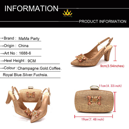 Champagne Color High Quality Women Pointed Toe Shoes Matching Bag Set for Nigerian Ladies Wedding Party