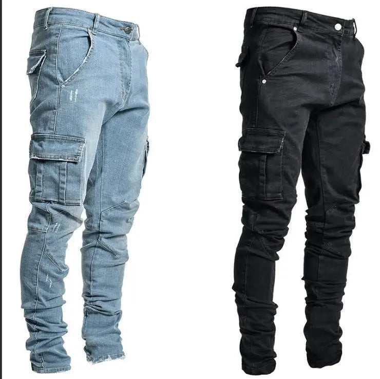 Men Jeans Pencil Pants Cargo Denim Solid Ankle Length Washing Pockets Mid Waist Sheath Slim Slight Strech High Street 2024