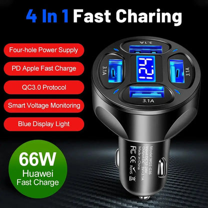 4 Ports USB 3.0 Car Charger 66W Fast Charging Quick Charge Car Mobile Phone Charger Adapter For iPhone 14 13 mi