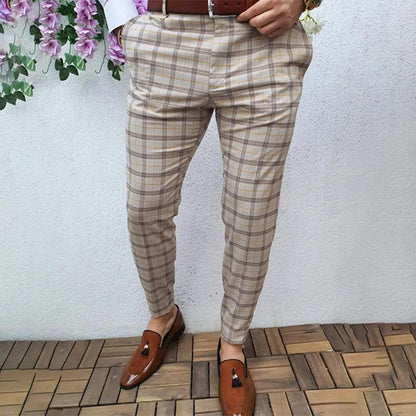 Mid-rise Zipper Button Fly Pockets Men Pants Autumn Plaid Print Straight Fit Casual Pencil Pants