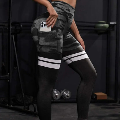 High Waist Hip Lifting Stripe Camo Leggings