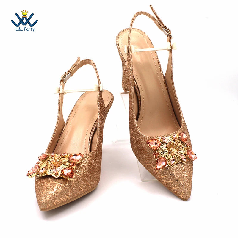 Champagne Color High Quality Women Pointed Toe Shoes Matching Bag Set for Nigerian Ladies Wedding Party