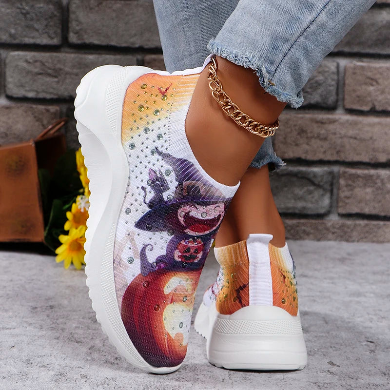 Lucyever Halloween Style Printed Sneakers Women Fashion Breathable Knitted Crystal Flats Woman Plus Size Platform Loafers Shoes