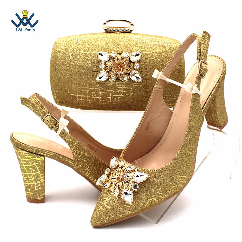 Champagne Color High Quality Women Pointed Toe Shoes Matching Bag Set for Nigerian Ladies Wedding Party