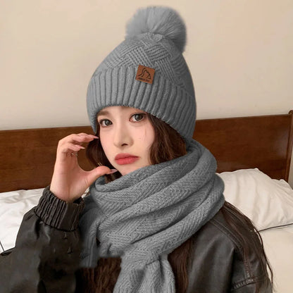 Women's Winter Double Layer Plus Fluff Ball Knit Hat Outdoor Warm Beanie Hat Two-Piece Set