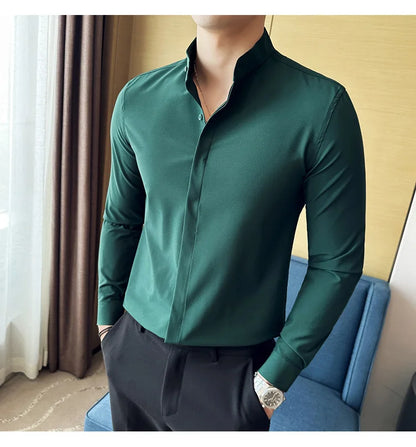 2024 New Stand Collar Luxury Shirts For Men High Quality Hide Buttons Design Solid Slim Fit Business Party Wedding Dress Shirts