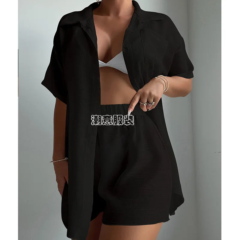 Beach Vacation Solid Color Short Sleeve Shirt Set Casual Summer New Loose Sun Protection Suit Beach Swimsuit Cover Up Short Sets