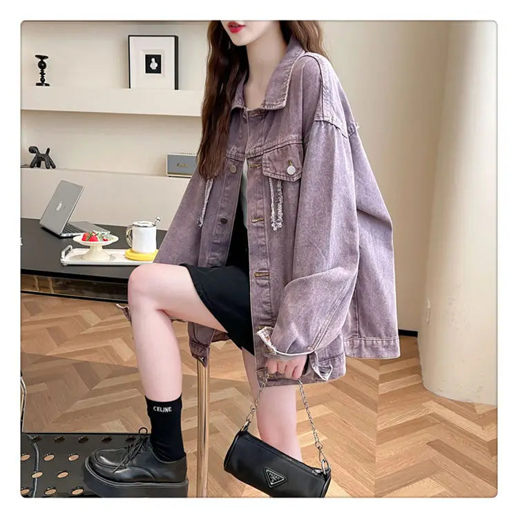 Casual Purple Denim Jacket for Women Loose Long-sleeved Autumn Outerwear Korean Style