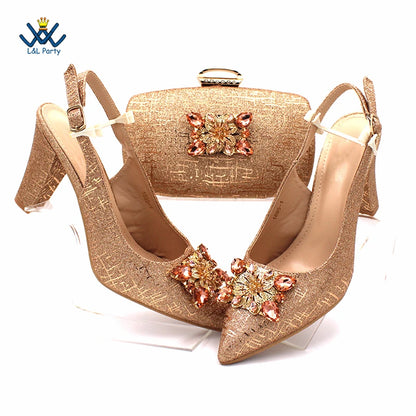 Champagne Color High Quality Women Pointed Toe Shoes Matching Bag Set for Nigerian Ladies Wedding Party