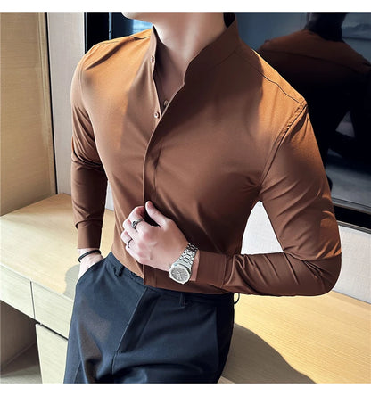 2024 New Stand Collar Luxury Shirts For Men High Quality Hide Buttons Design Solid Slim Fit Business Party Wedding Dress Shirts