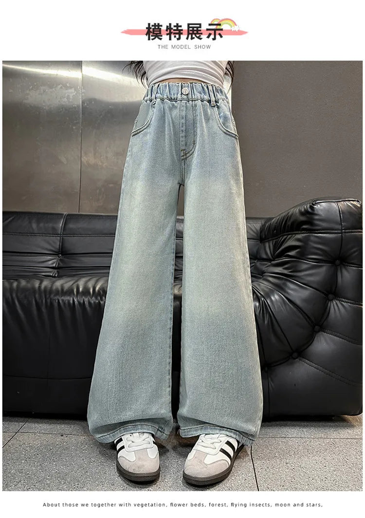 Kids High Waisted Washed Jeans Classic Trendy Street Straight Denim Pants for Girls Simple Style Jeans Trousers For Teens Child