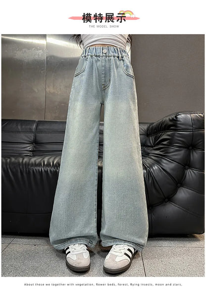 Kids High Waisted Washed Jeans Classic Trendy Street Straight Denim Pants for Girls Simple Style Jeans Trousers For Teens Child