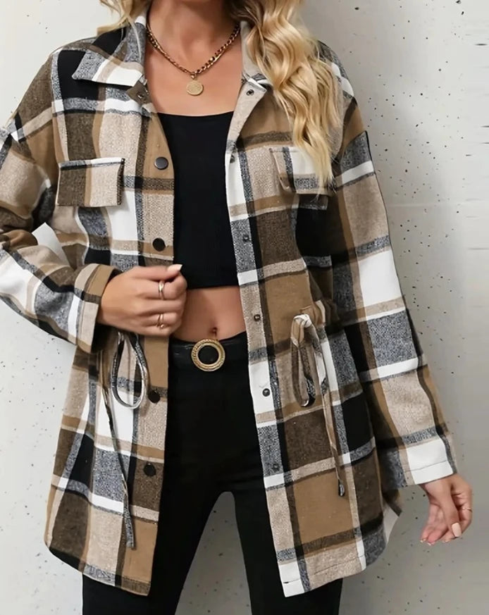 Women's Plaid Pattern Flap Detail Drawstring Waist Button Front Coat Daily Clothing Autumn & Winter New Female Fashion Jacket