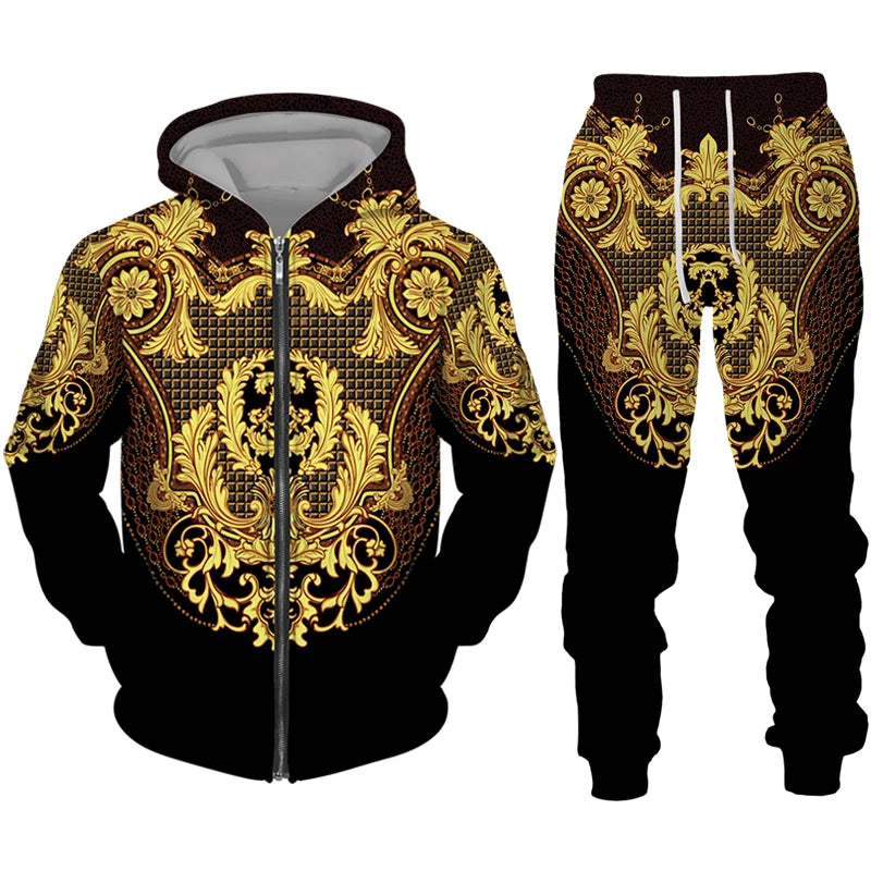 Men's Zipper Tracksuit Set Luxury Golden Pattern 3D Print Casual Hoodie Pants 2pcs Sets Oversize Sweatshirt Fashion Man Clothes