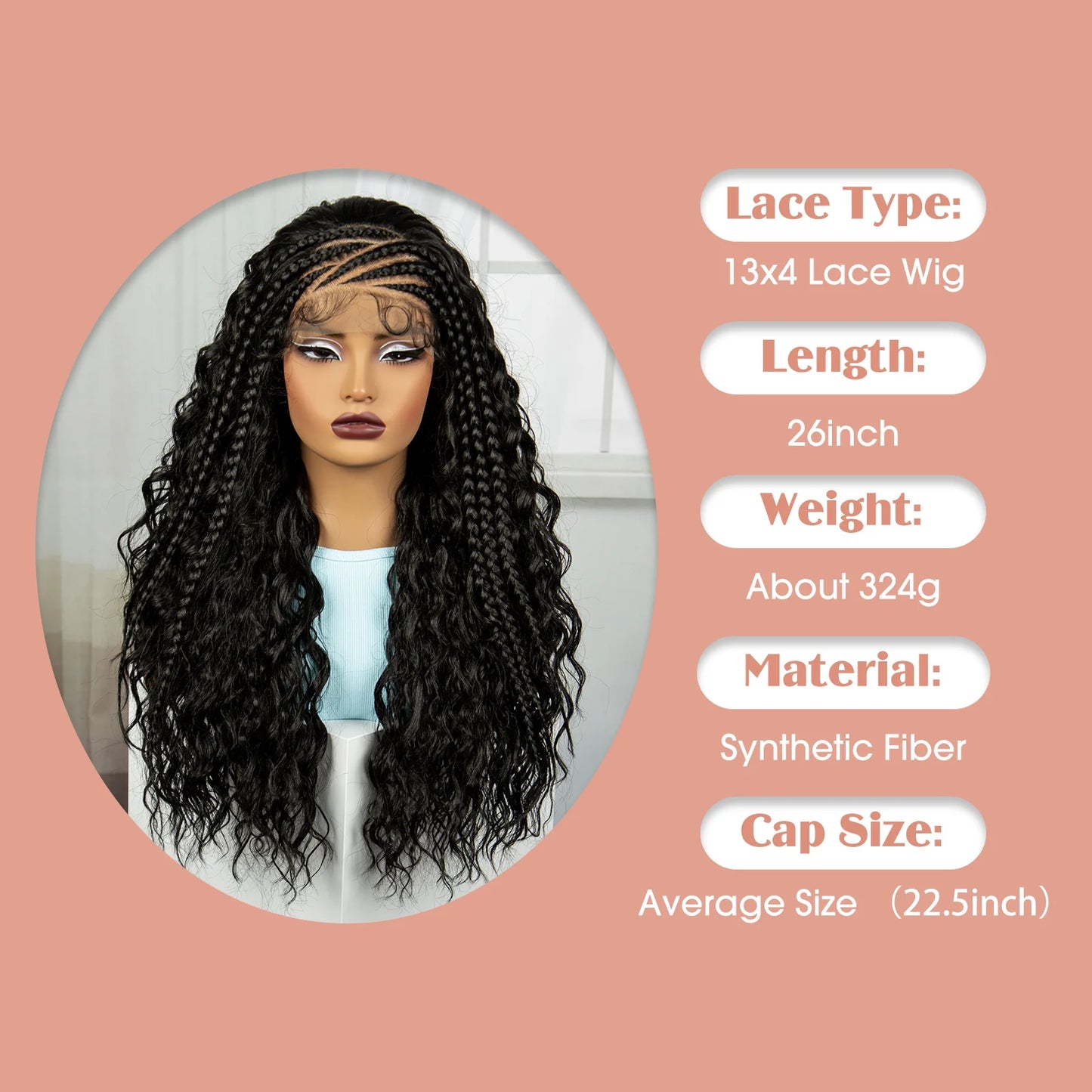 26 Inch Natural Water Wave Synthetic Braided Wigs Lace Braided Wig Curly Knotless Box Braids Wigs With Baby Hair for Black Woman