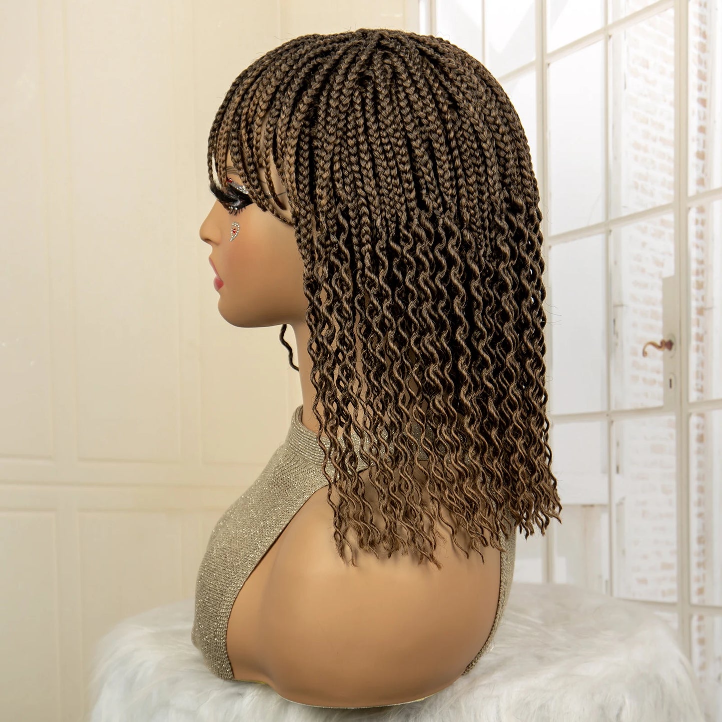 Full Machine Made Wigs Synthetic Braided Wig 14 Inches Bob Braiding Wigs Short Curly Knotless Box Braids Wigs for Black Women