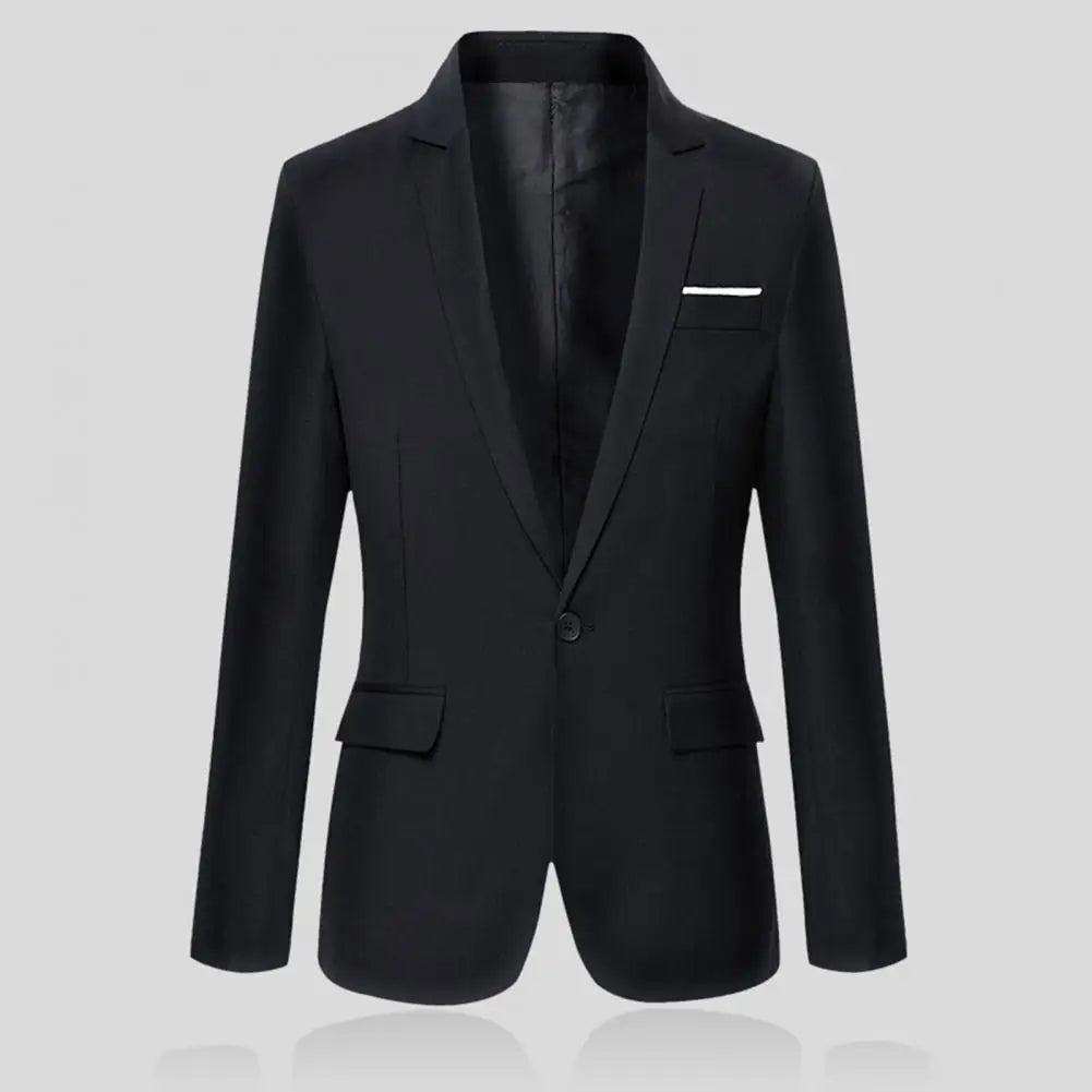 Flap Pockets Long Sleeve Men Blazer Solid Color Single Button Men Formal Blazer Lapel Suit Jacket Business Blazer Male Clothing