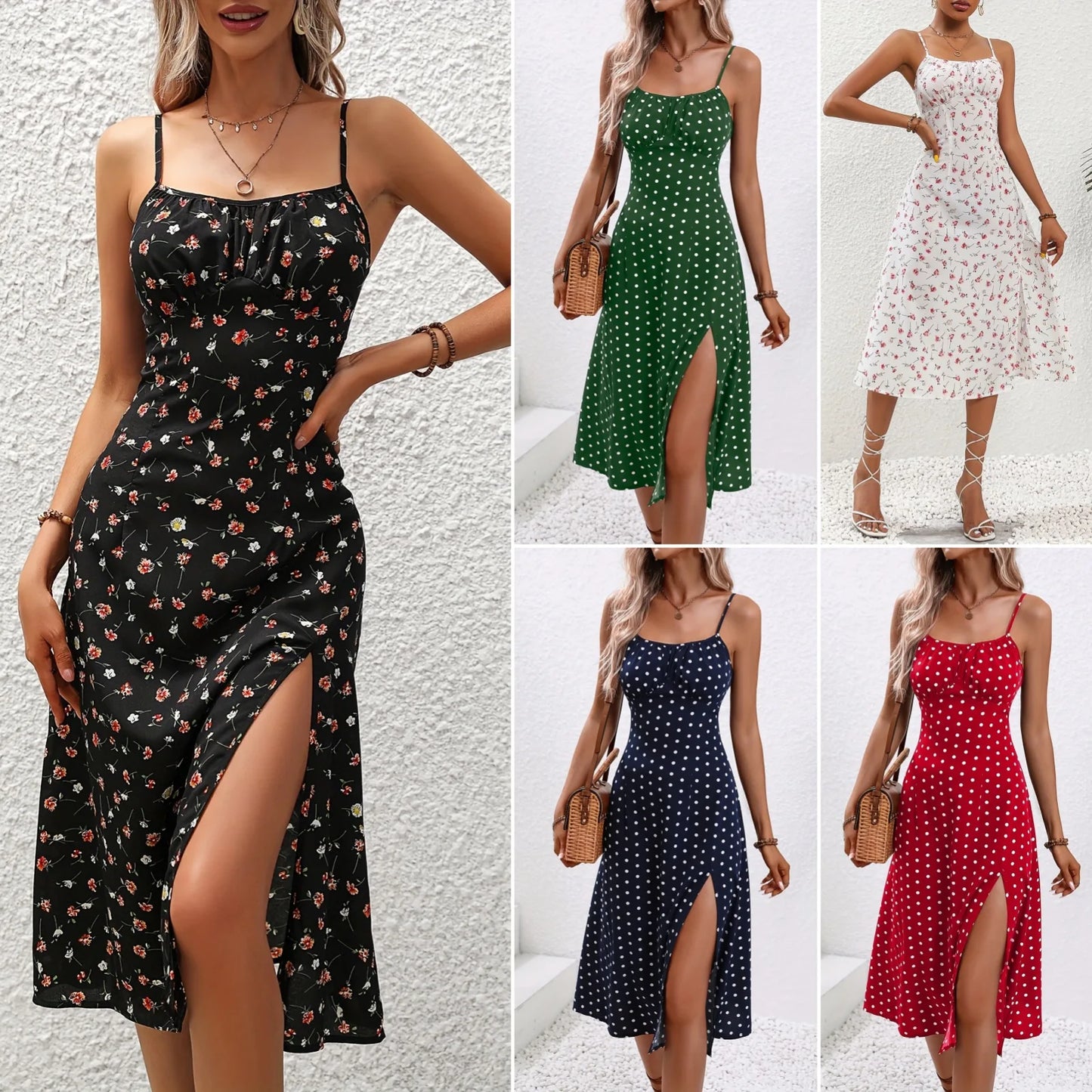 Summer Sexy Spaghetti Straps Dress Women Fashion Polka Dot Print Sleeveless Slit Dress Boho Casual Beach Midi Dresses