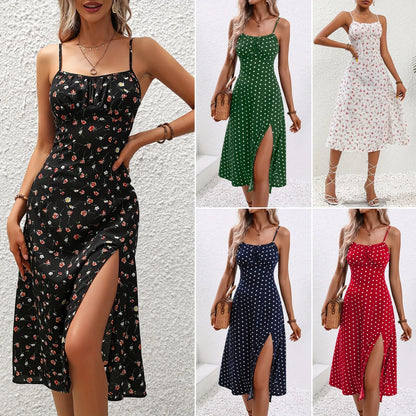 Summer Sexy Spaghetti Straps Dress Women Fashion Polka Dot Print Sleeveless Slit Dress Boho Casual Beach Midi Dresses