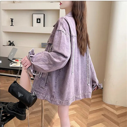 Casual Purple Denim Jacket for Women Loose Long-sleeved Autumn Outerwear Korean Style