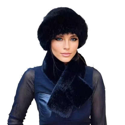 2 Pcs/Set Women Winter Hat Scarf Set Fuzzy Plush Thickened Windproof Heat Retention Cross Neck Wrap Solid Color Dome Faux Fur Fi