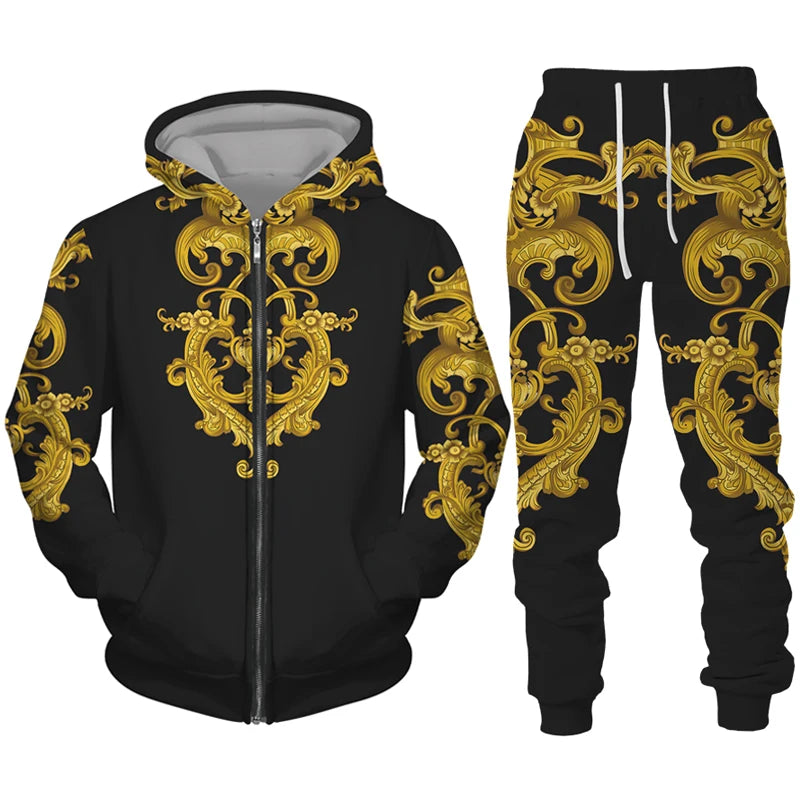 Men's Zipper Tracksuit Set Luxury Golden Pattern 3D Print Casual Hoodie Pants 2pcs Sets Oversize Sweatshirt Fashion Man Clothes