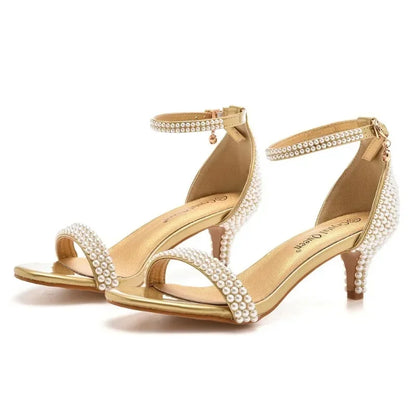 Summer High-heeled Women's Sandals String Bead PU 5CM Thin Heels Buckle Strap Wedding Dress Women's Shoes Golden Middle Heels