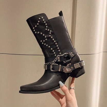 Goth Woman Shoes Cowboy Boots Botins Low Black New Rock Pole Dance Rivet Chunky Heels Western Pointed Toe Metal Chains Trending