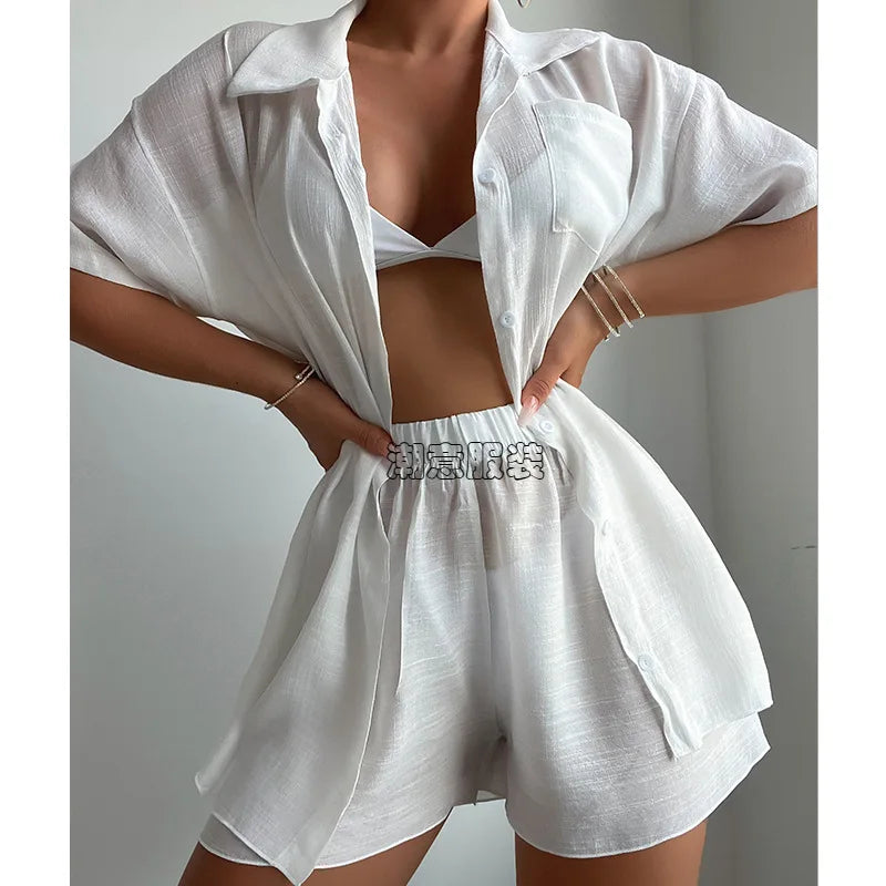 Beach Vacation Solid Color Short Sleeve Shirt Set Casual Summer New Loose Sun Protection Suit Beach Swimsuit Cover Up Short Sets