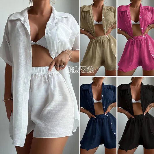 Beach Vacation Solid Color Short Sleeve Shirt Set Casual Summer New Loose Sun Protection Suit Beach Swimsuit Cover Up Short Sets