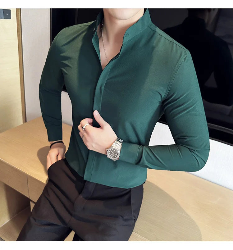 2024 New Stand Collar Luxury Shirts For Men High Quality Hide Buttons Design Solid Slim Fit Business Party Wedding Dress Shirts