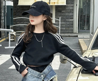 2025 spring teen girl American spliced denim drawstring work pants junior kid casual floor sports Wide leg trousers short hoodie