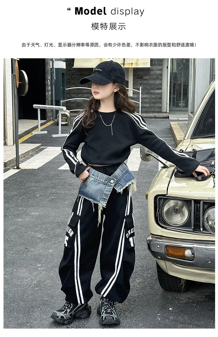 2025 spring teen girl American spliced denim drawstring work pants junior kid casual floor sports Wide leg trousers short hoodie