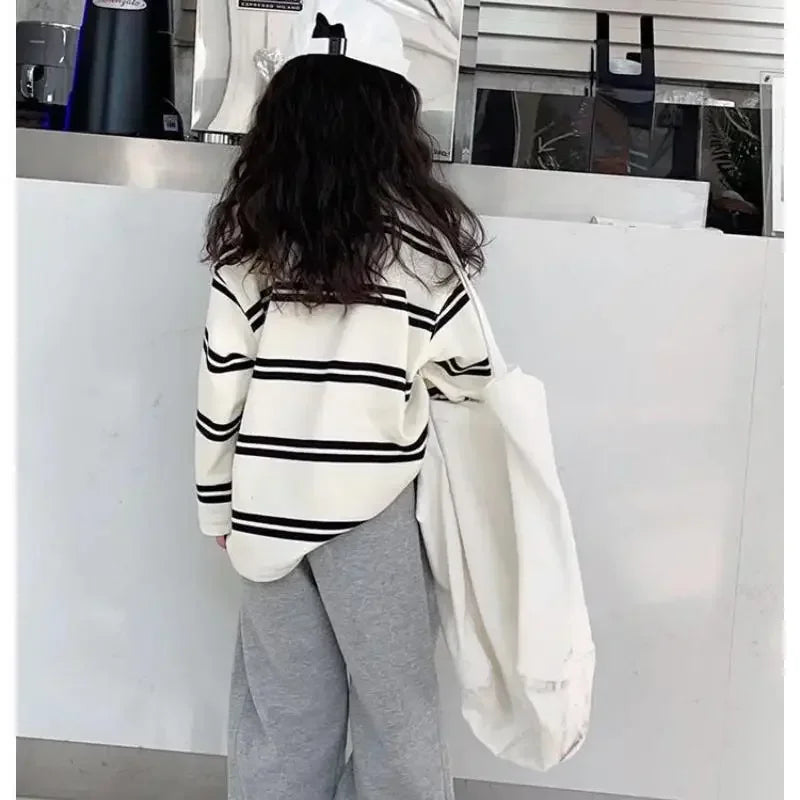 2024 Korea Style Simple Kids Clothes Girl 2Pcs Set Clothing Long Sleeve Striped+Loose Pant Outfits for Teen Girl 6 8 10 12 14Y