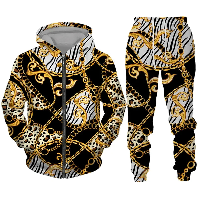 Men Zipper Hoodies Set Luxury Golden Pattern 3D Print Casual Tracksuit+Pants 2pcs Sets Oversized Sweatshirt Fashion High-quality