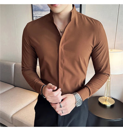 2024 New Stand Collar Luxury Shirts For Men High Quality Hide Buttons Design Solid Slim Fit Business Party Wedding Dress Shirts