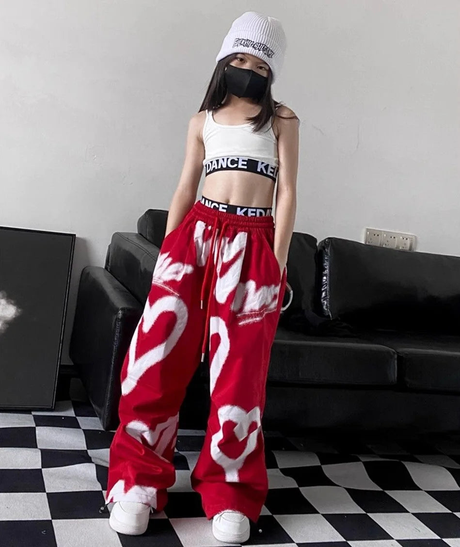 1pc hip hop 2025 summer teens tracksuit Girls cloth heart letters graffiti t-shirt or print long wide leg pant Kid 8 10 12 year