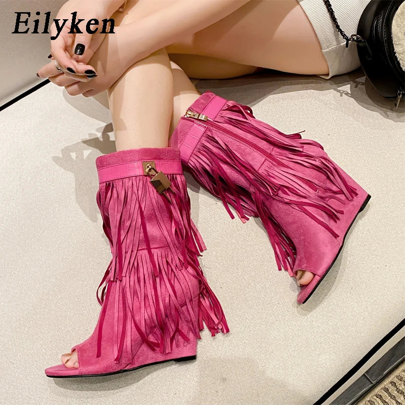 Eilyken Designer Fringe Wedges  Boot Sandals Woman High Heels Open Toe Party Prom Shoes 2024 Sexy Zipper Female Pumps