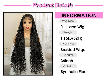 36 Inches Long Boho Braided Wigs with Baby Hair Synthetic Full Lace Knotless Box Braiding Wig with Curly Lace Frontal Wig