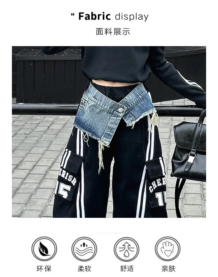 2025 spring teen girl American spliced denim drawstring work pants junior kid casual floor sports Wide leg trousers short hoodie