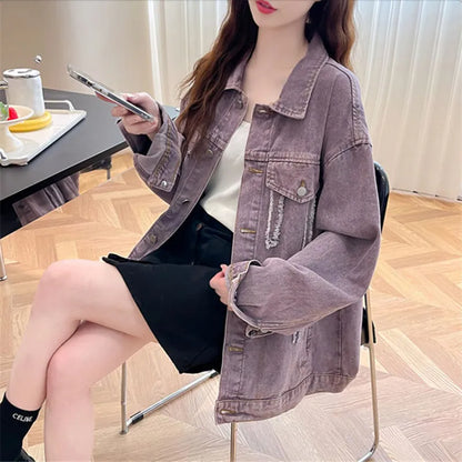 Casual Purple Denim Jacket for Women Loose Long-sleeved Autumn Outerwear Korean Style