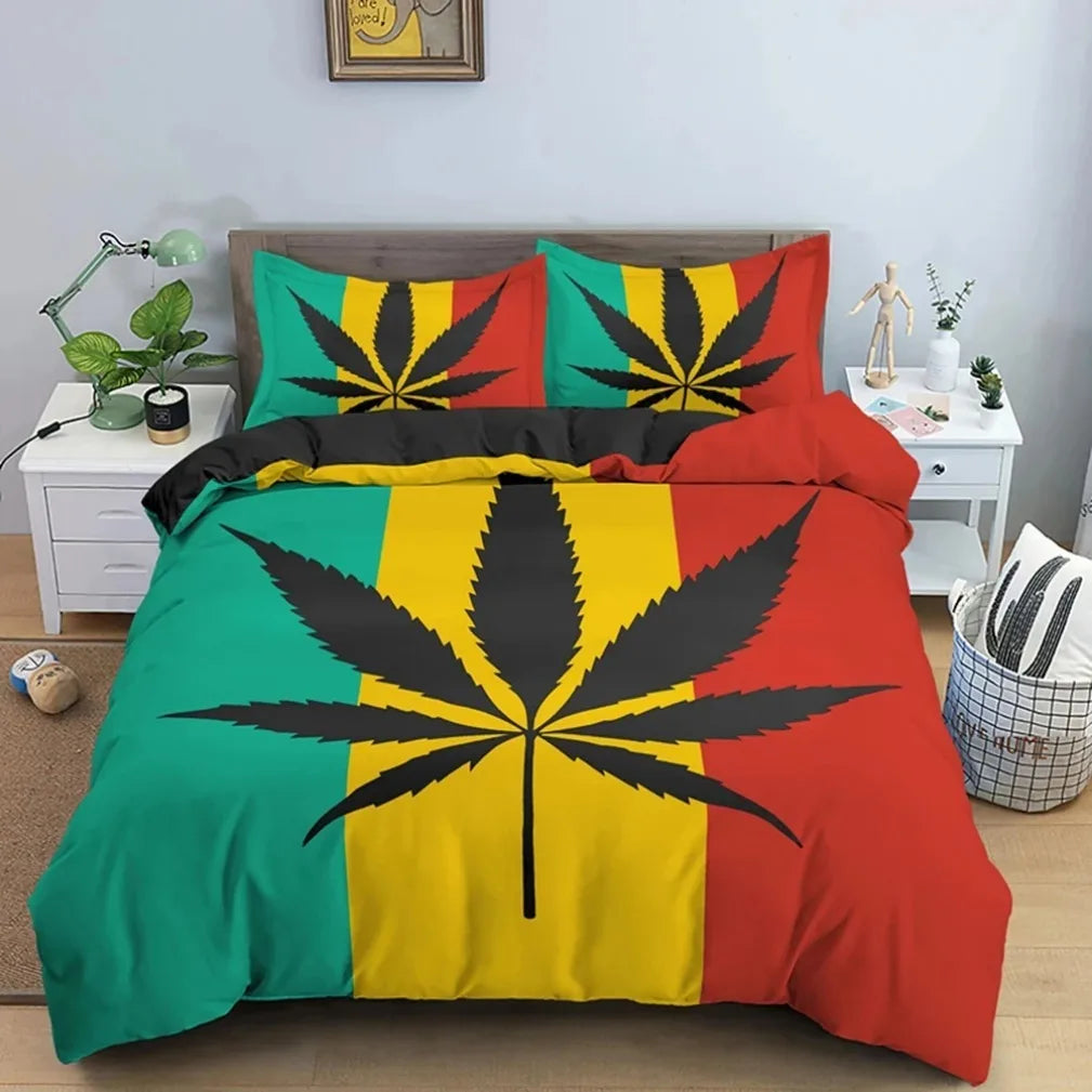 Psychedelic Weed Leaves Bedding set,Marijuana Leaf Duvet Cover,Vibrant Green Colorful Printed Bed Sheet Set