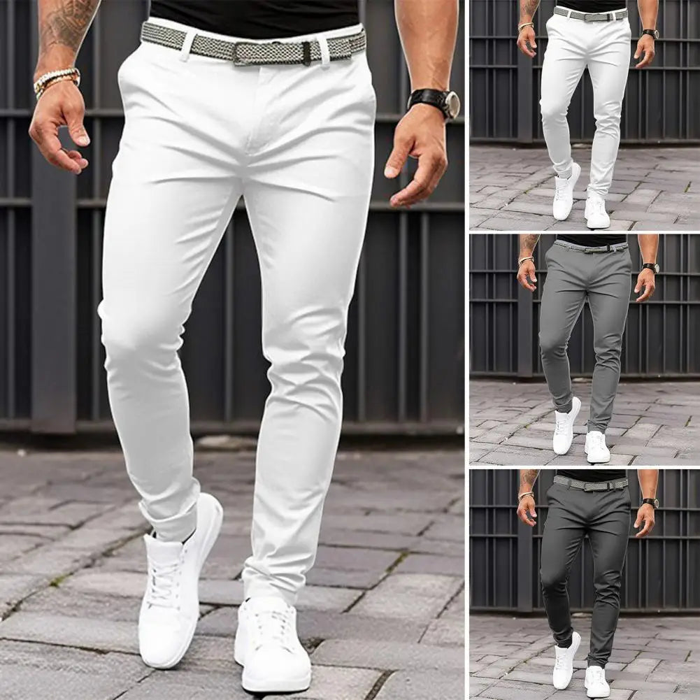 Slim Fit Suit Pants Solid Color Trousers Slim Fit Men's Business Office Trousers with Slant Pockets Zipper Fly for Workwear