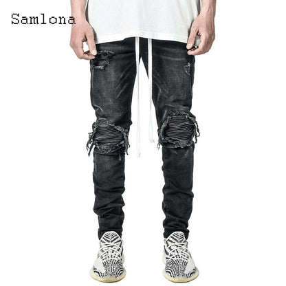 Samlona Jeans Mens Fashion Skinny Denim Pant Male Streetw New Patchwork Demin Pants Sexy Jeans Blue Grey Pencil Trouser