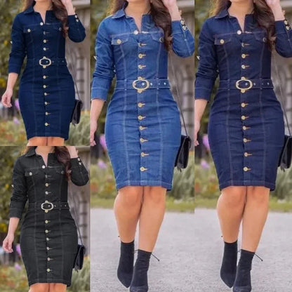 Ladies Fashion Fastener Decoration Lapel Single Breasted Long Slim-Fit Long-Sleeved Denim Goddess Dress