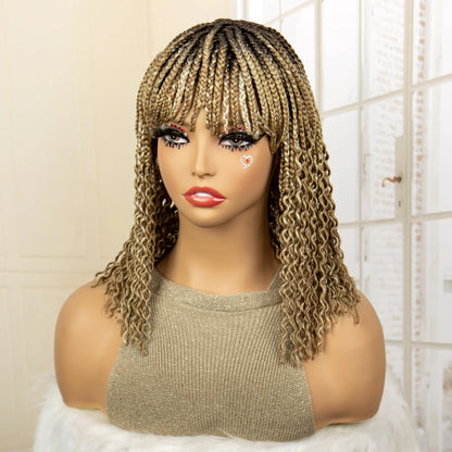 Full Machine Made Wigs Synthetic Braided Wig 14 Inches Bob Braiding Wigs Short Curly Knotless Box Braids Wigs for Black Women