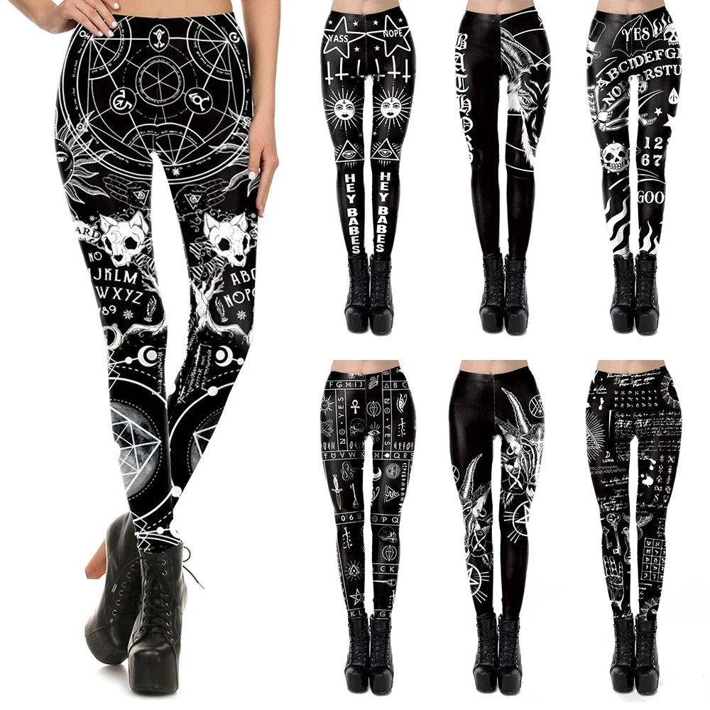 VIP FASHION Woman Gothic Leggings Sexy Steampunk Print Trousers Elastic Vintage Skinny Pencil Pants Ankle Length Cosplay Bottom