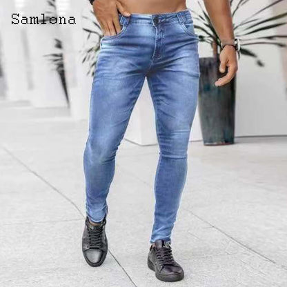 Samlona Jeans Mens Fashion Skinny Denim Pant Male Streetw New Patchwork Demin Pants Sexy Jeans Blue Grey Pencil Trouser